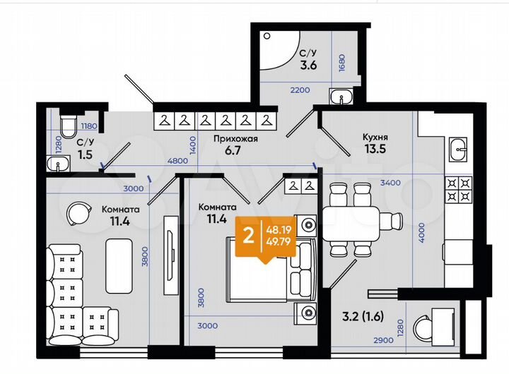 2-к. квартира, 49,7 м², 7/9 эт.