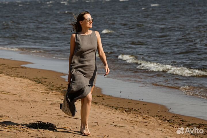 Льняное платье миди в цвете графит, XS-S