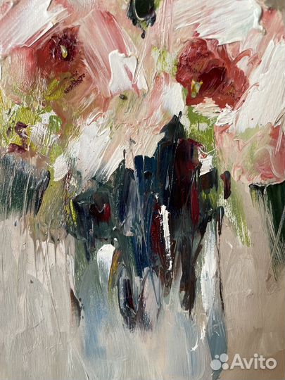 Букет пионов в вазе картина маслом цветы 15*20см