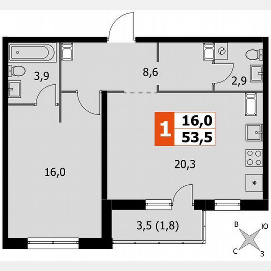 1-к. квартира, 53,5 м², 20/24 эт.