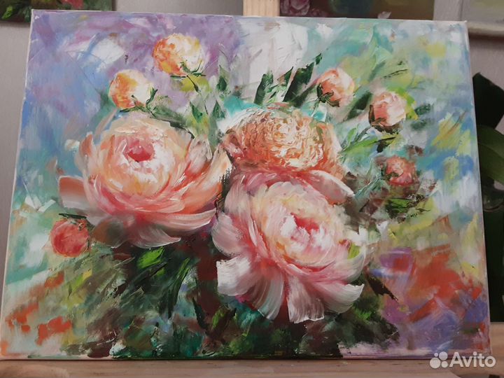 Картина маслом цветы, пионы в вазе 30/3; 30/40