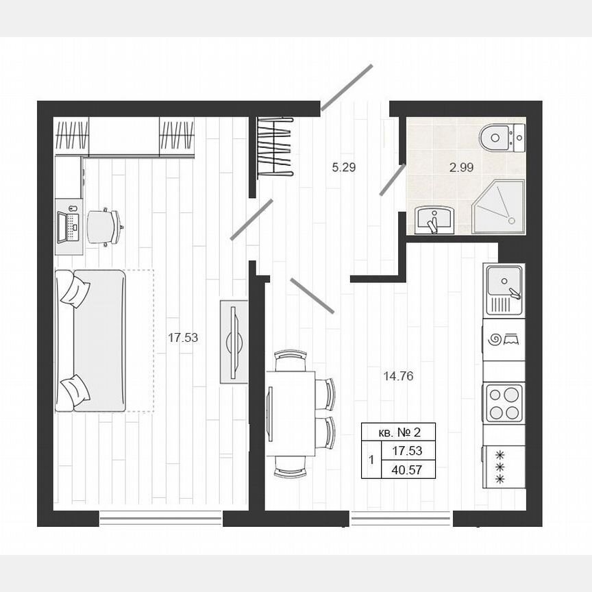 1-к. квартира, 40,6 м², 1/4 эт.