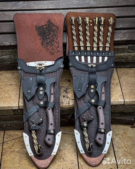 Шашлычный набор в кожаном чехле, набор шампуров