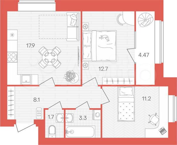 2-к. квартира, 60,5 м², 8/10 эт.