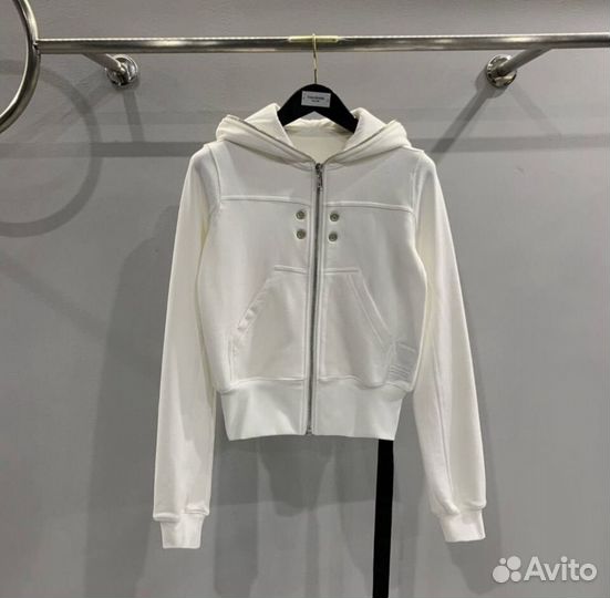 Rick Owens Crop Full Zip-Up Hoodie White