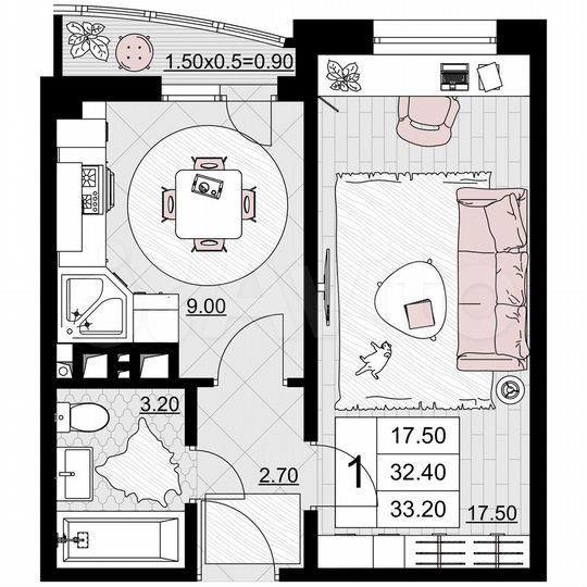 1-к. квартира, 33,2 м², 9/12 эт.