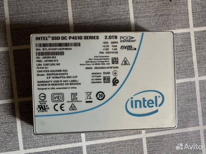 SSD intel DC P4510 2.0TB pcie nvme