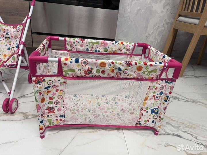 Коляска для кукол, манеж,стульчик для кормления