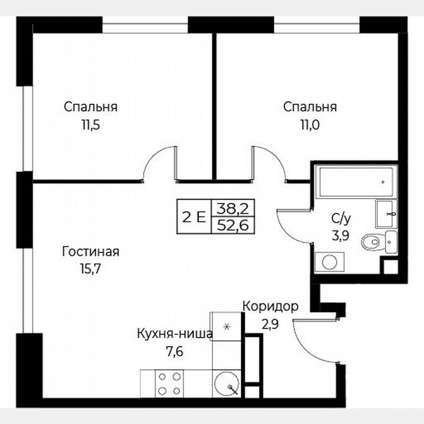 2-к. апартаменты, 52,6 м², 24/30 эт.