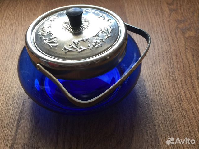 Сахарница СССР цветное синее стекло
