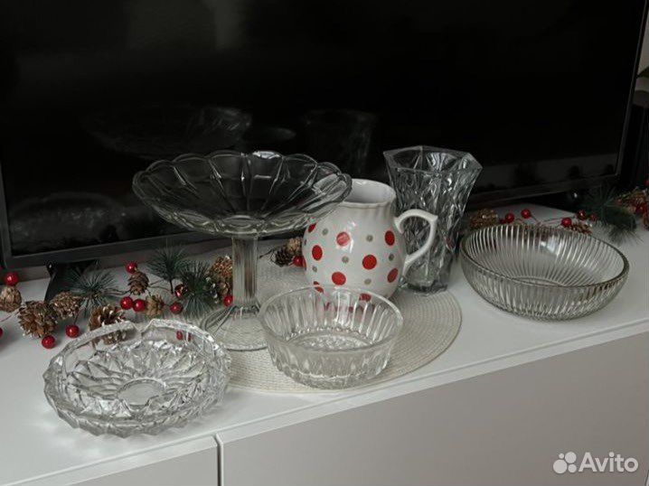 Посуда, салатник, ваза хрусталь, кувшин в горошек