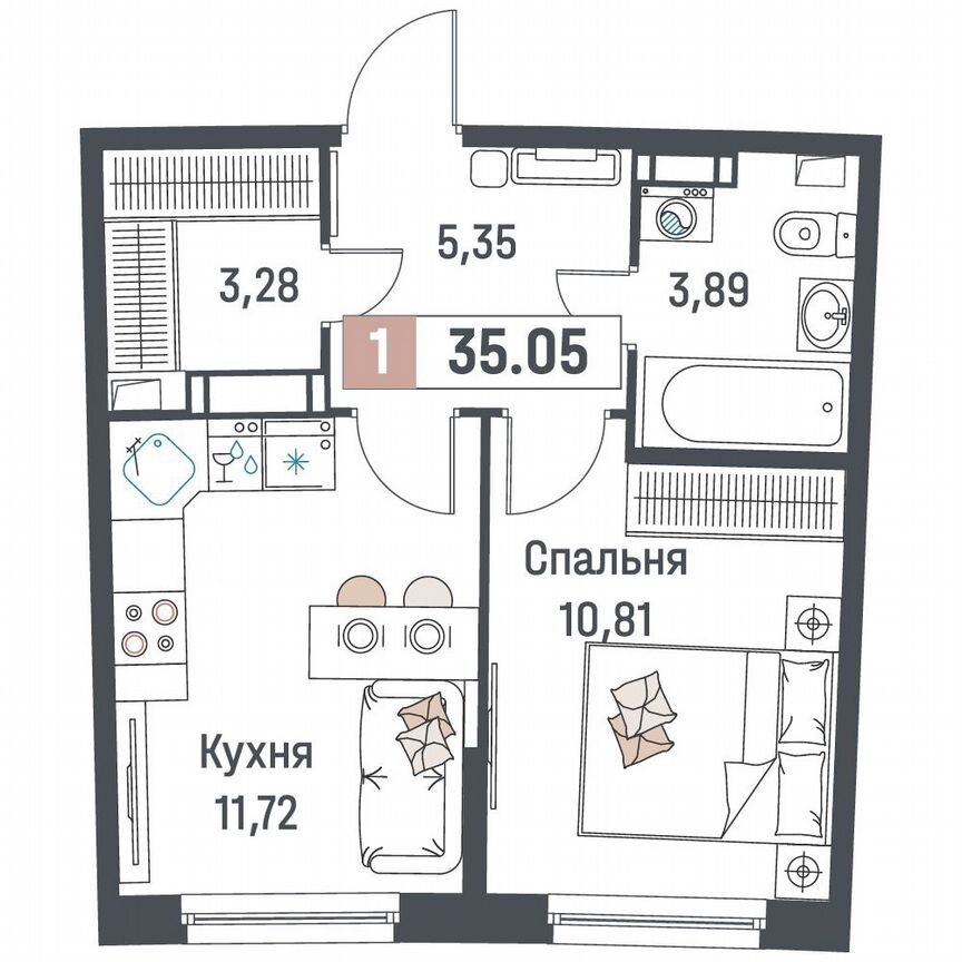 1-к. квартира, 35,1 м², 4/18 эт.