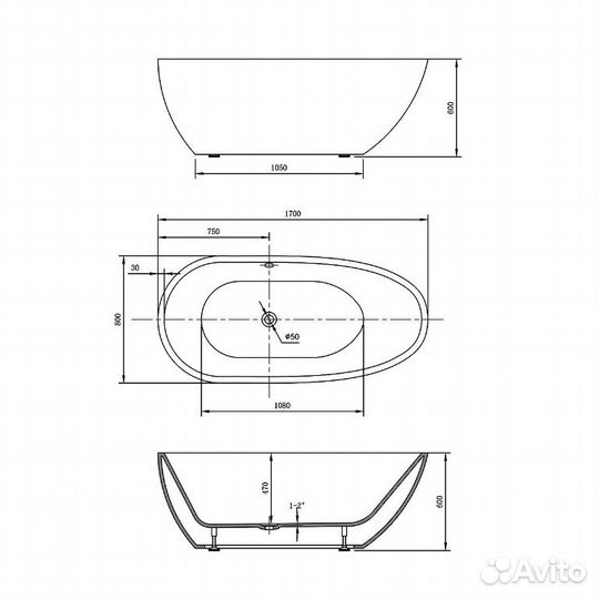 Ванна акриловая Vincea VBT-422-1700, 1700*800*600