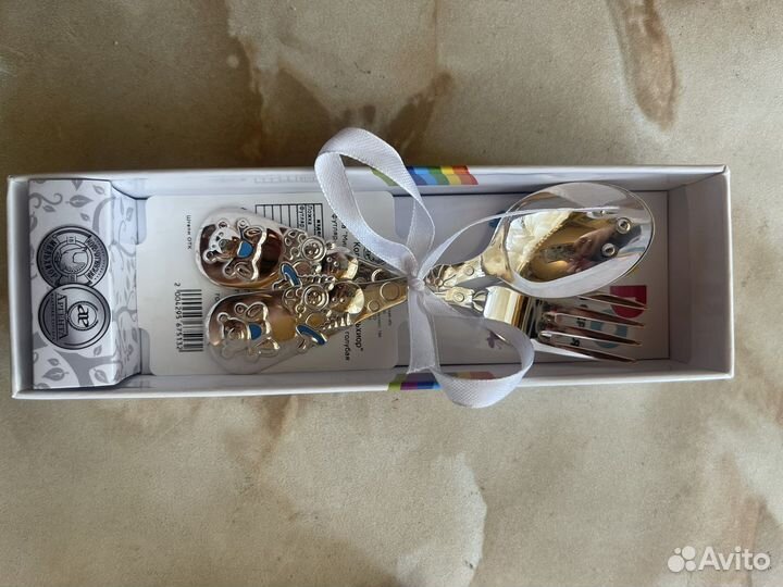 Ложка и вилка «Мишка”посереб.с эмалью голубая