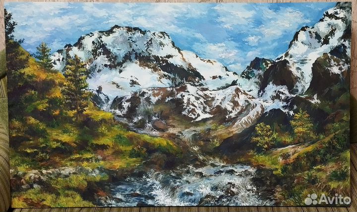 Картина маслом большая. Горы. Пейзаж 60х100см