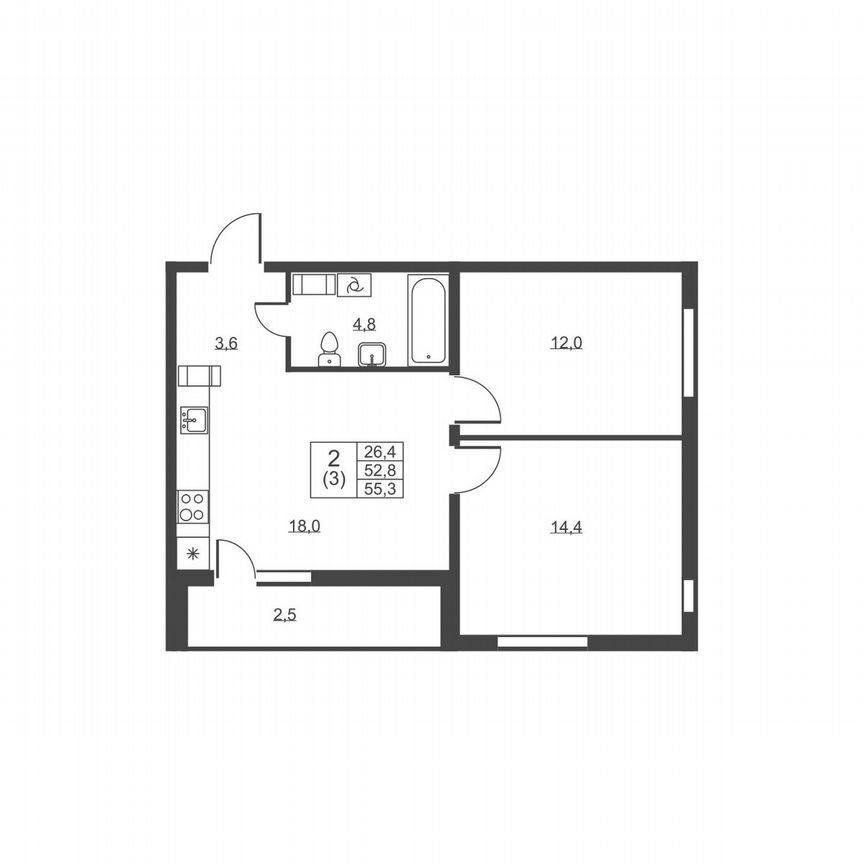 2-к. квартира, 55,3 м², 8/8 эт.