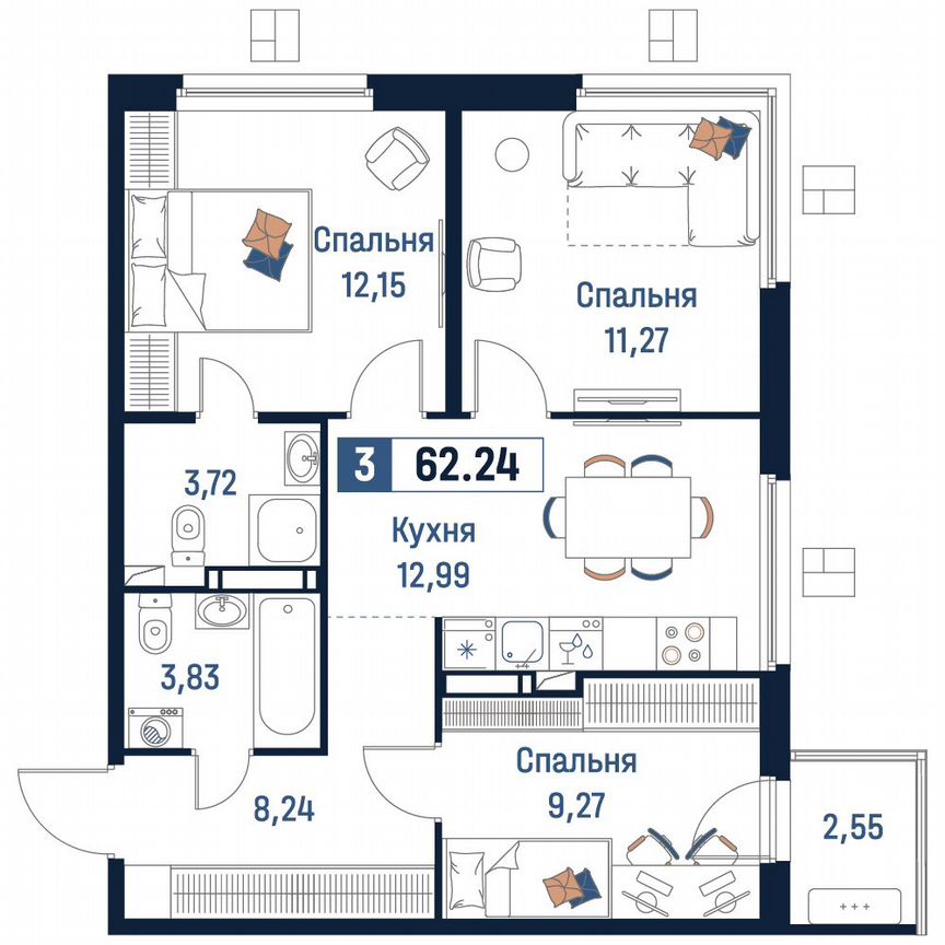 3-к. квартира, 62,2 м², 12/18 эт.