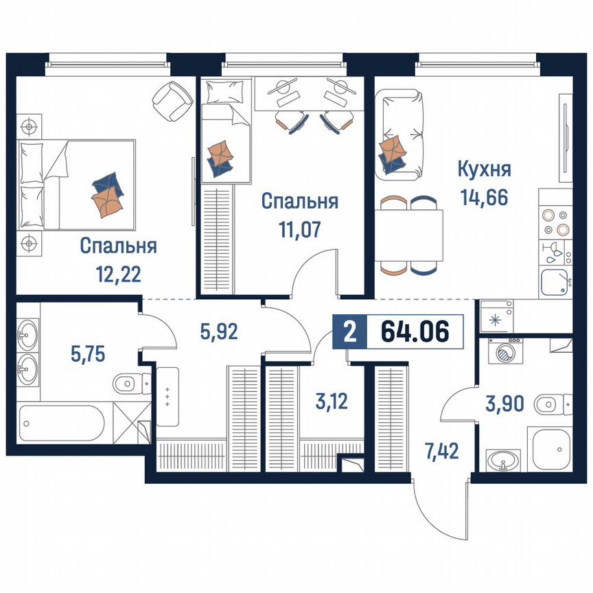 2-к. квартира, 64,1 м², 2/18 эт.