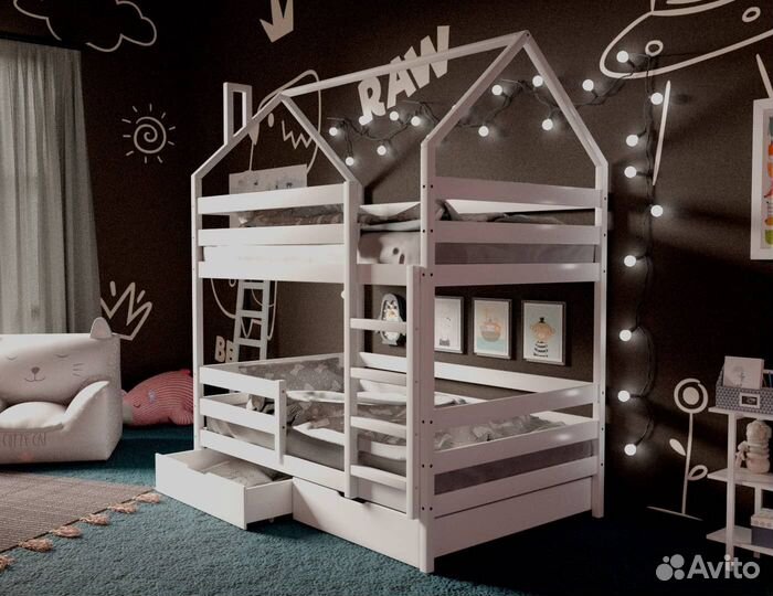Двухъярусная кровать-домик с ящиками
