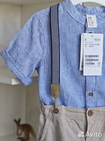 Комплект льняной hm рубашка шорты подтяжки 68-92