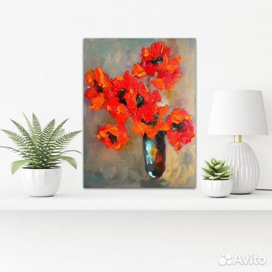 Картина маслом цветы букет красные маки в вазе