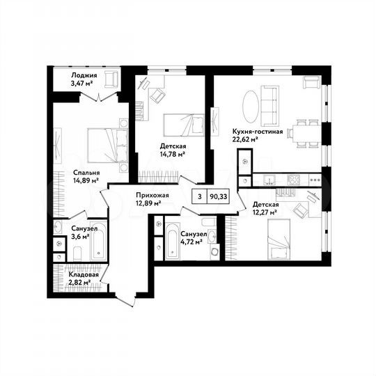 3-к. квартира, 90,3 м², 17/25 эт.