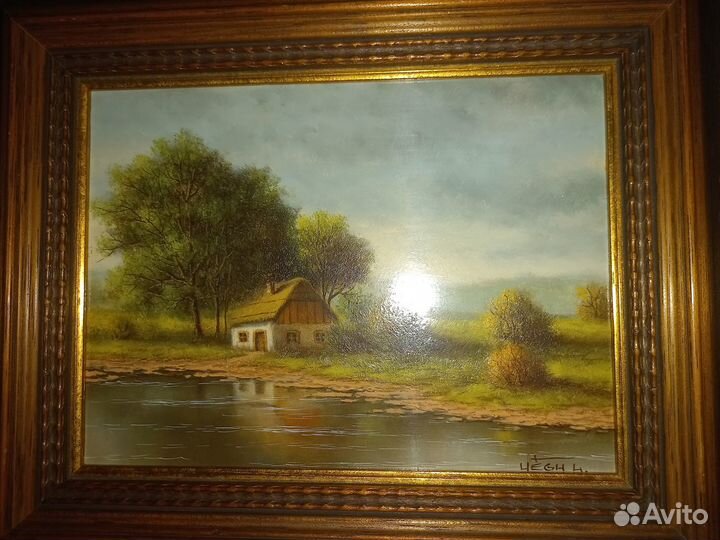 Антикварная картина пейзаж домик холст масло подпи