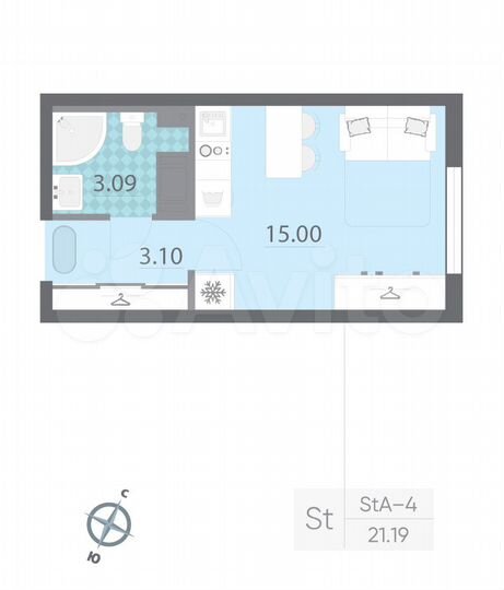 Квартира-студия, 21,2 м², 7/19 эт.