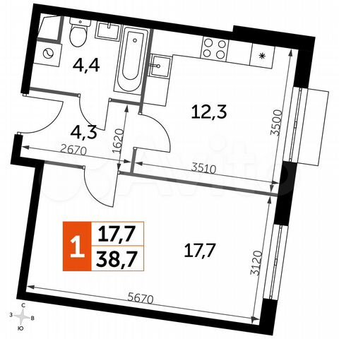 1-к. квартира, 38,7 м², 1/16 эт.