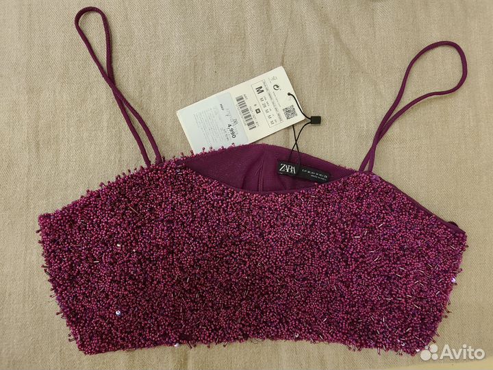 Кроп топ Zara Limited новый вышивка бисер М бордо