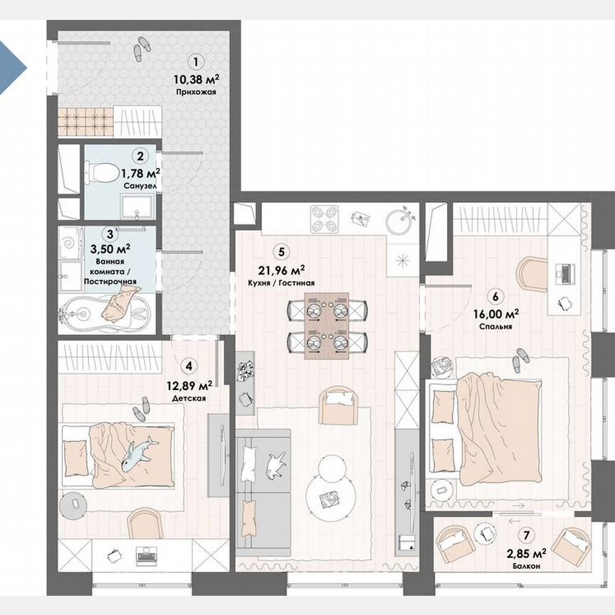 2-к. квартира, 66,6 м², 19/23 эт.