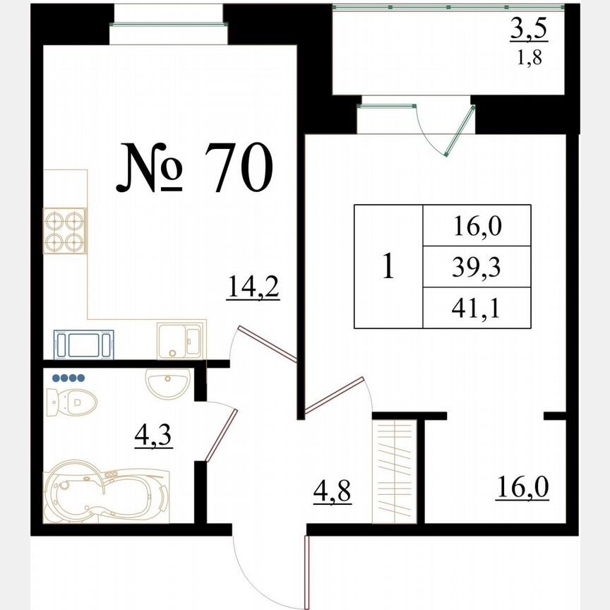 1-к. квартира, 41,1 м², 8/8 эт.