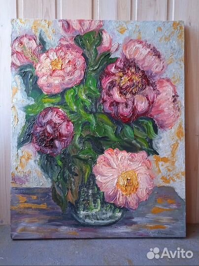 Картина маслом Натюрморт с пионами в вазе 40х50