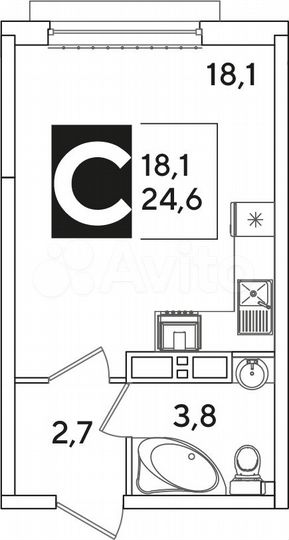 Квартира-студия, 24,6 м², 13/16 эт.