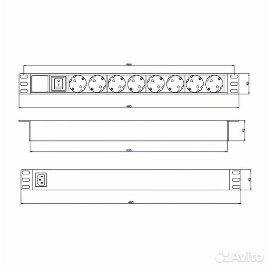 RC19 бр10-008 П Блок розеток 19 дюймов, 220В, 1U