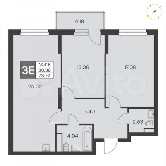 2-к. квартира, 73,7 м², 9/25 эт.