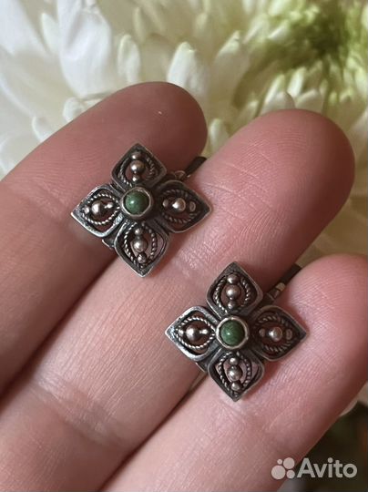 Серебряные серьги, нат зел. Бирюза, винтаж, СССР