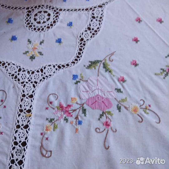 Скатерть винтаж ручная вышивка чайная роза