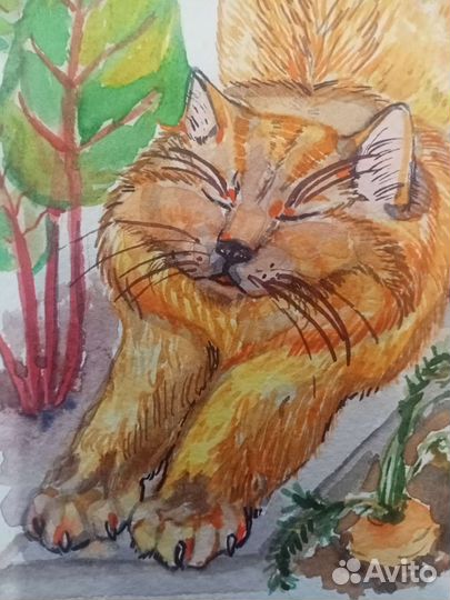 Акварель Рыжий кот Обормот