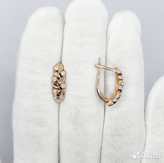 Золотые серьги 585 пробы Колосок с фианитами