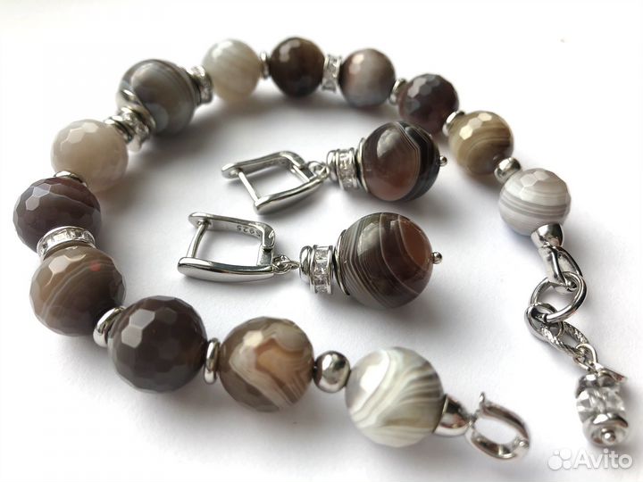Натуральные камни Браслет и серьги агат ботсвана