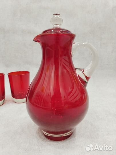 Кувшин со стаканами красный СССР рубиновое стекло