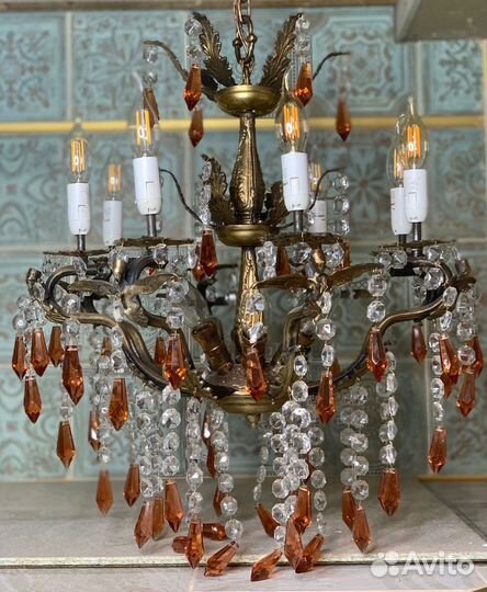 Антикварная бронзовая хрустальная люстра 14 ламп