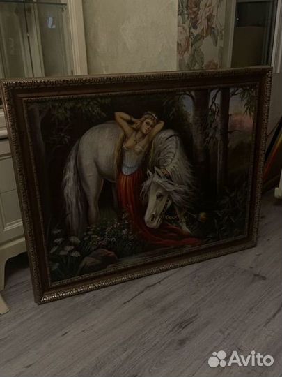 Картина маслом в раме женщина и лошадь