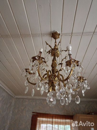 Винтажная люстра чехословакия бронза+хрусталь
