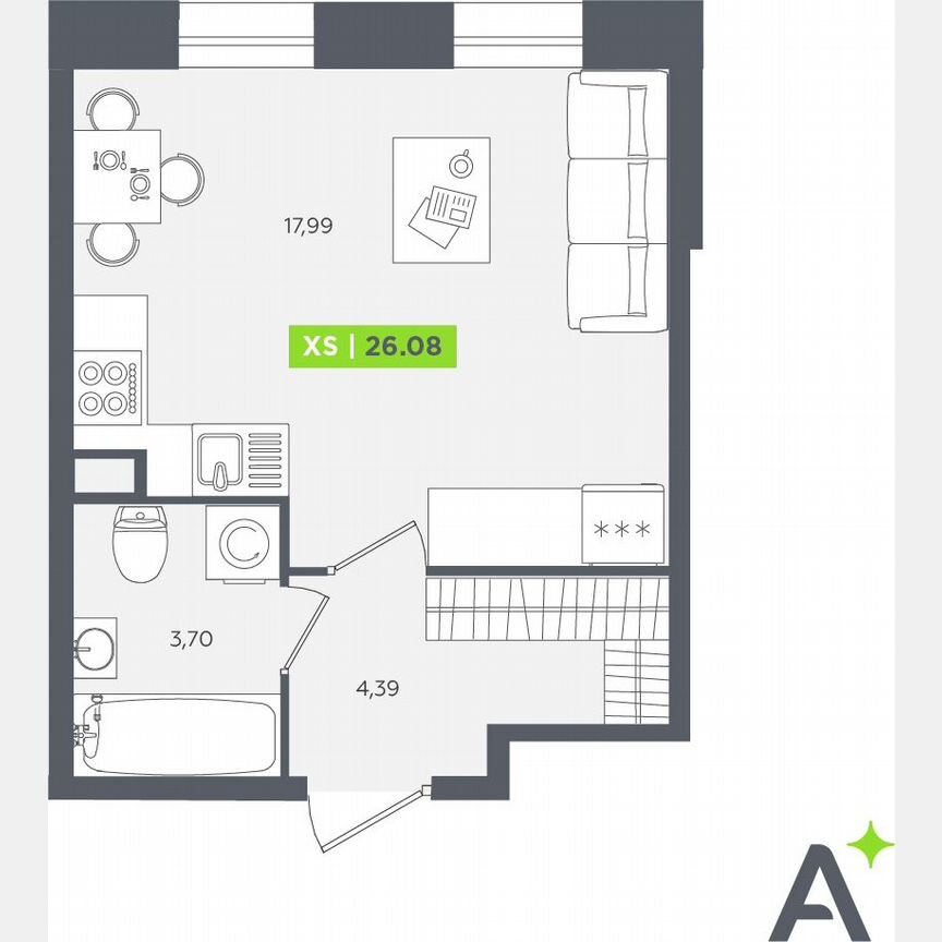 Квартира-студия, 26,1 м², 1/12 эт.