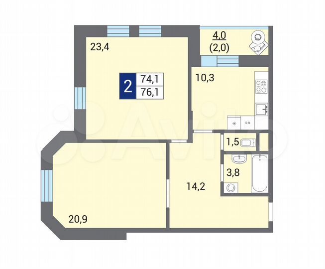 2-к. квартира, 76 м², 11/12 эт.