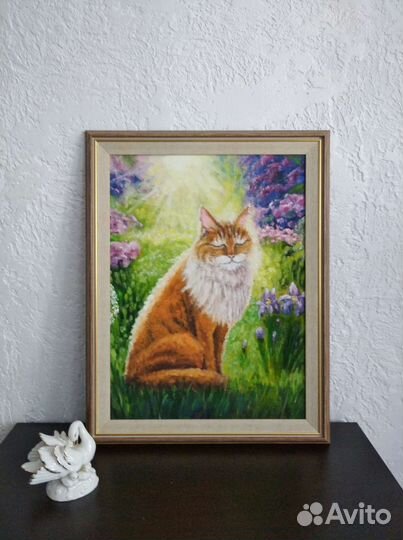 Картина маслом в раме Кошка Цветы Весенний сад