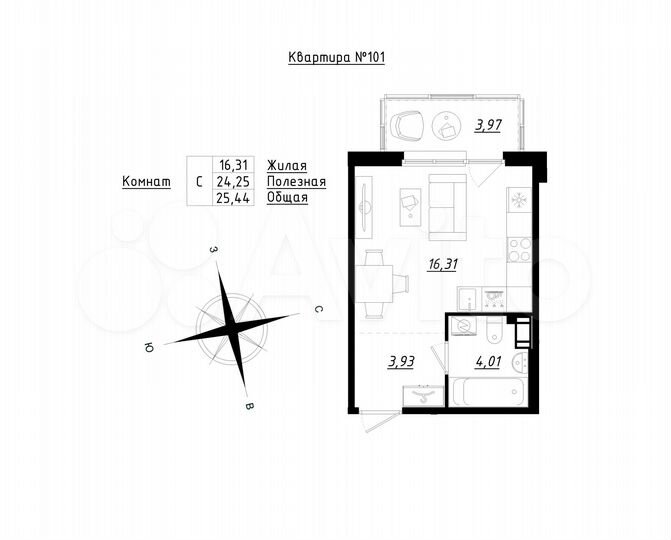 Квартира-студия, 25,4 м², 3/5 эт.