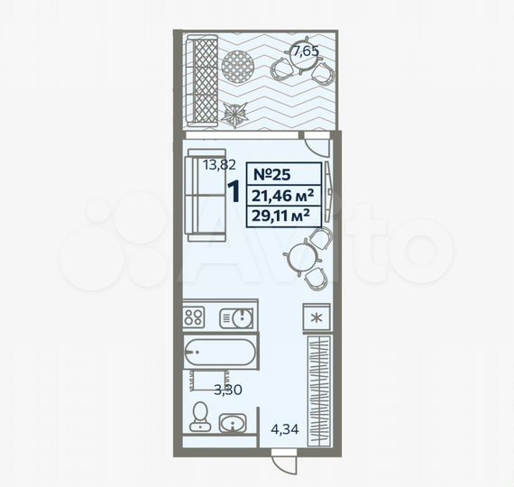 Апартаменты-студия, 29 м², 2/9 эт.